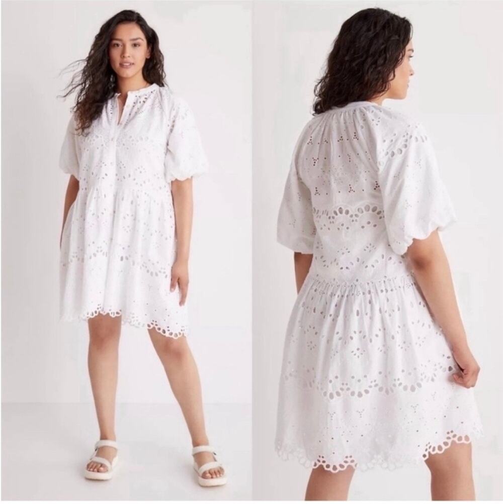 Anthropologie Tallulah Dress Eyelet White Cotton Puff Sleeve Drop Waist XS